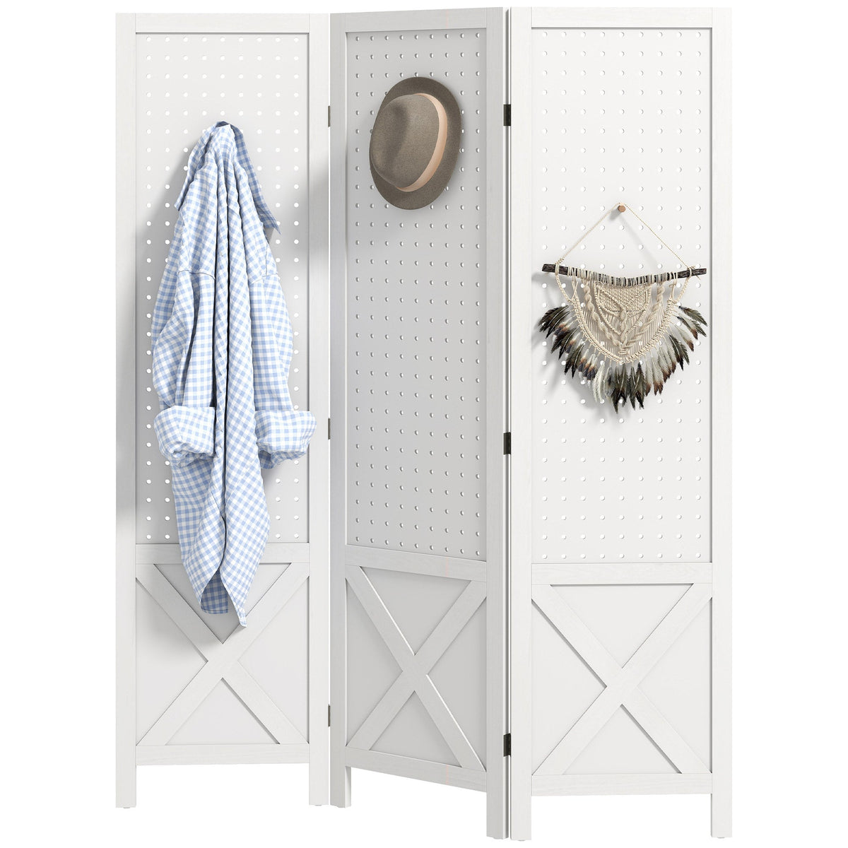 4.7' 3 Panel Wooden Room Divider with Pegboard Display, Folding Privacy Screen for Home Office, Natural
