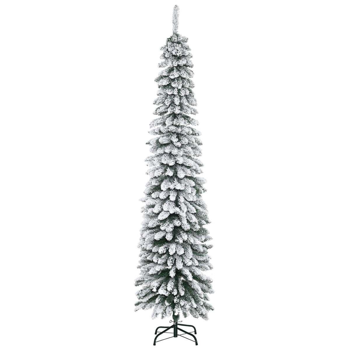 6 Ft Snow-Flocked Artificial Christmas Tree, Slim Pencil Xmas Tree with Realistic Branches, Metal Base, Green