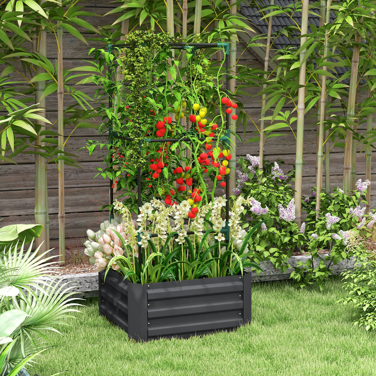 Galvanized Planter Box, Outdoor Raised Garden Bed with 3-Tier Trellis Tomato Cage for Climbing Vines, Vegetables, Brown