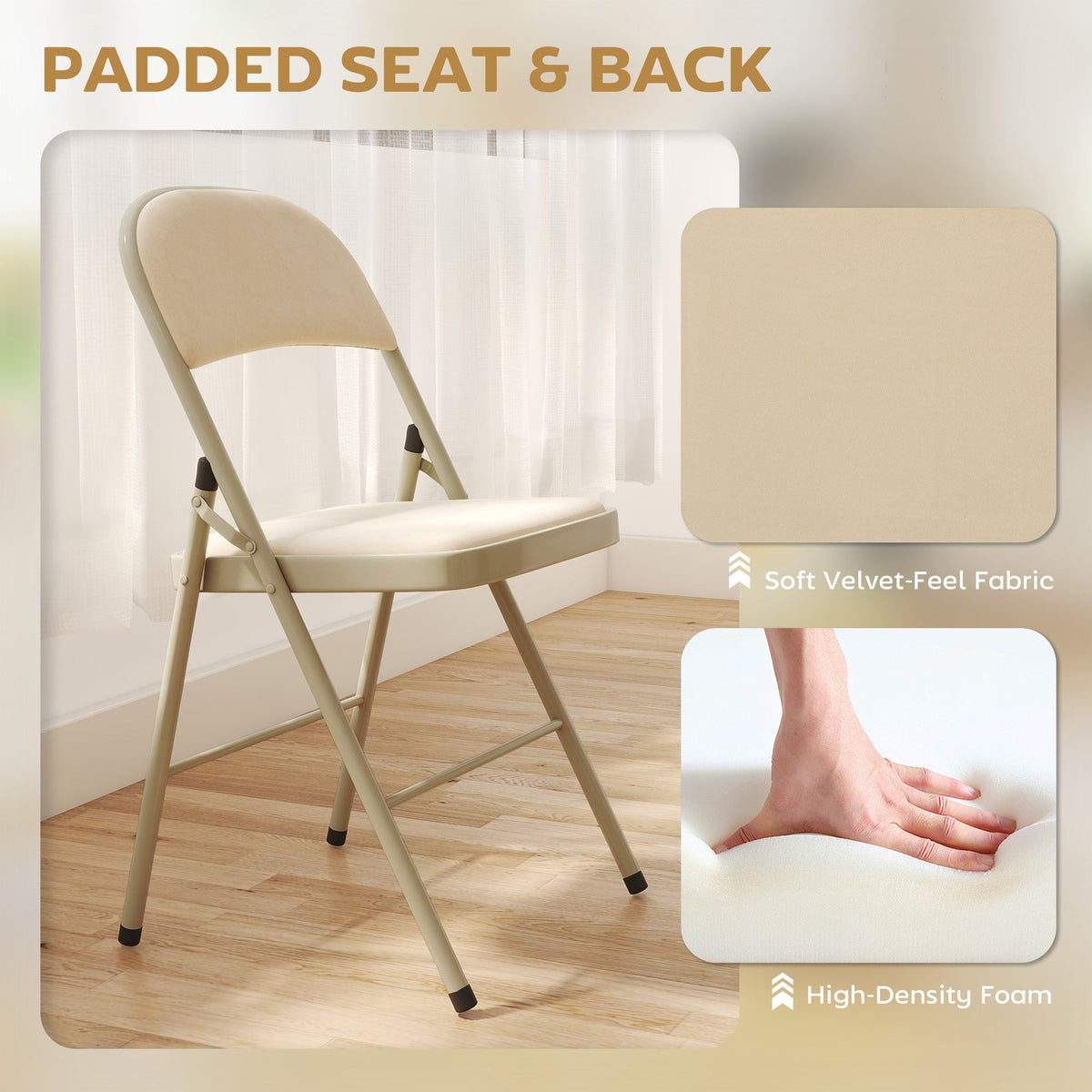 4 Pack Folding Chairs with Padded Seats, Velvet Portable Party Chairs with Steel Frame, Beige
