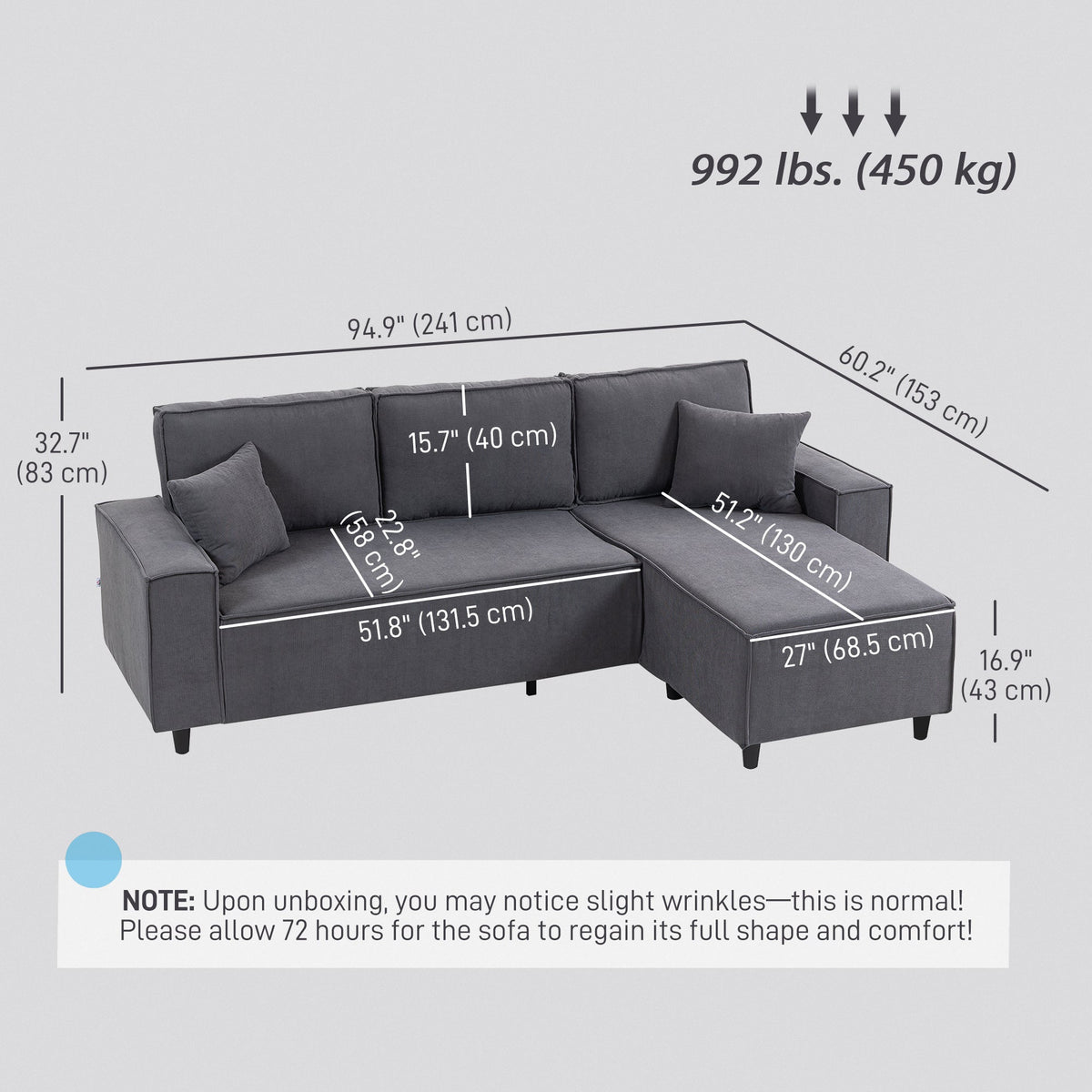Corner Sofa with Changeable Chaise, Corduroy L-Shaped Sectional Sofa with Pocket Spring, 2 Pillows, Charcoal Grey