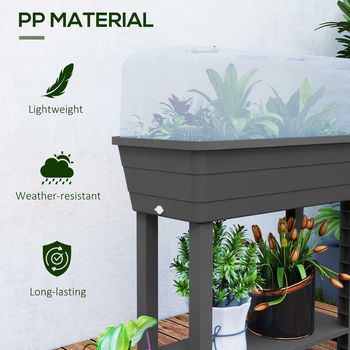 41L Self Watering Raised Garden Bed w/ Ventilation Transparent Lid Greenhouse, Planter Box w/ Storage Shelf, Black