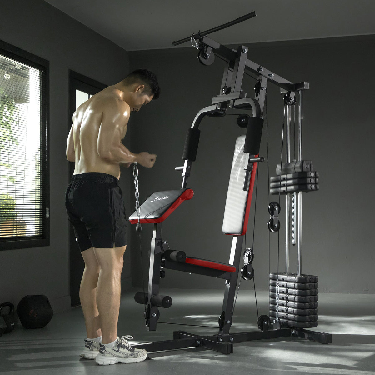Home Gym Equipment Weight Training Machine, Multifunction Workout Machine with 143lbs Weight Stack for Full Body Workout and Strength Training, Black