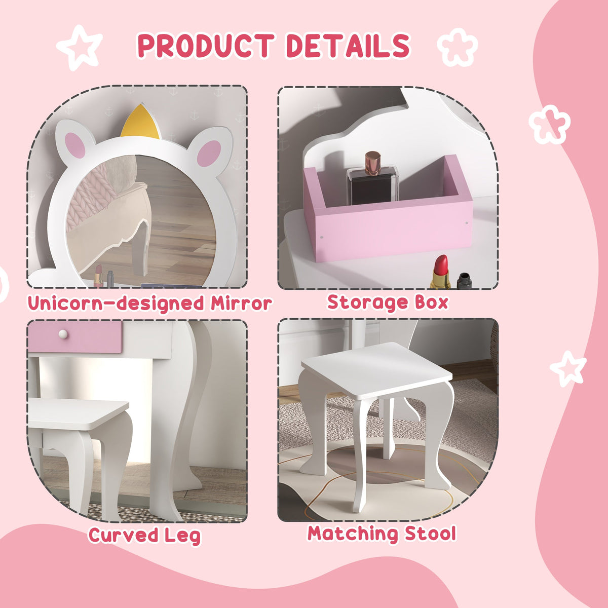 Kids Makeup Vanity Set with Stool, Mirror, Drawer, Storage Boxes, Unicorn Design, White