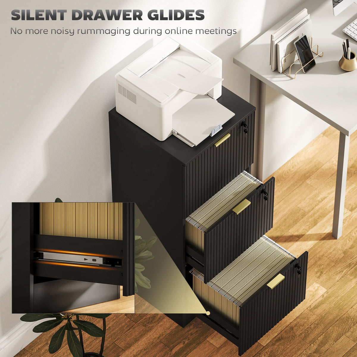 Lockable Filing Cabinet with 2 Fluted Drawers, File Cabinet with Adjustable Hanging Rails for A4 Letter Files, Black