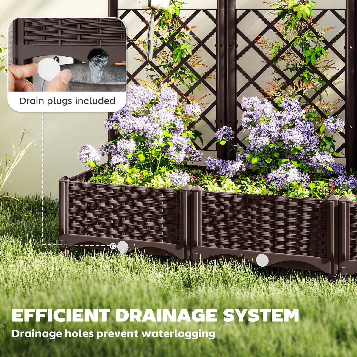 Raised Garden Bed with Trellis, Plastic Raised Flower Bed with Drainage Holes and Drain Plugs, 16" x 16" x 48"