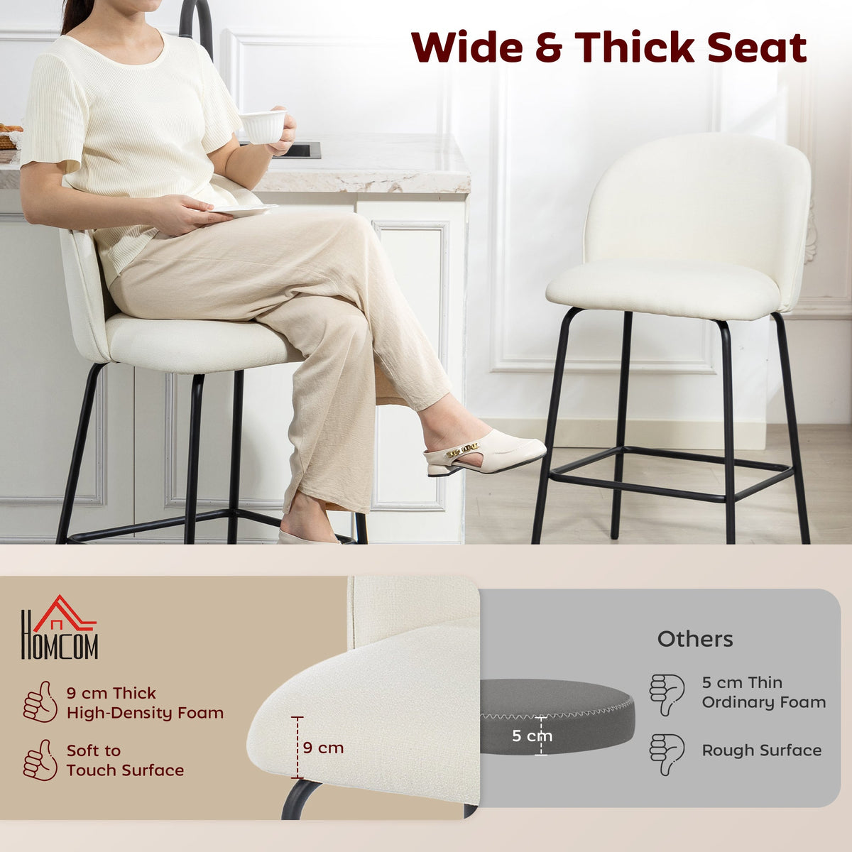 Set of 2 Counter Height Barstools, Upholstered Linen Bar Stools with Backrest, Footrest and Steel Legs, Dark Grey