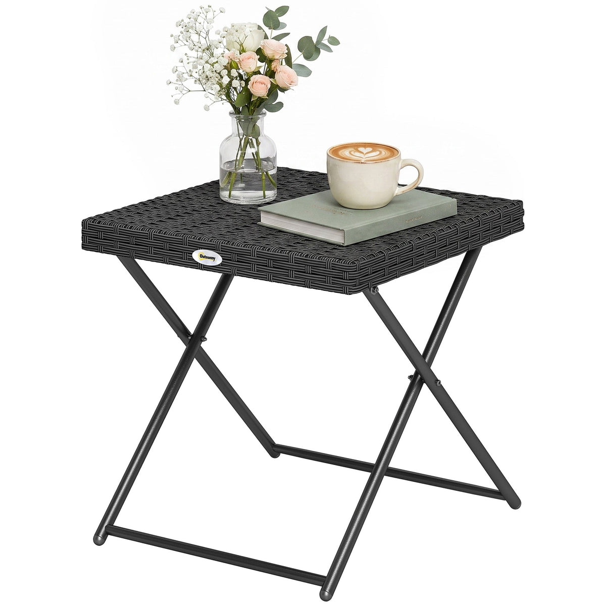Rattan Coffee Table Folding Patio Outdoor Side Table Wicker for Balcony, Porch, Poolside, 15.75"x15.75"x15.75", Grey