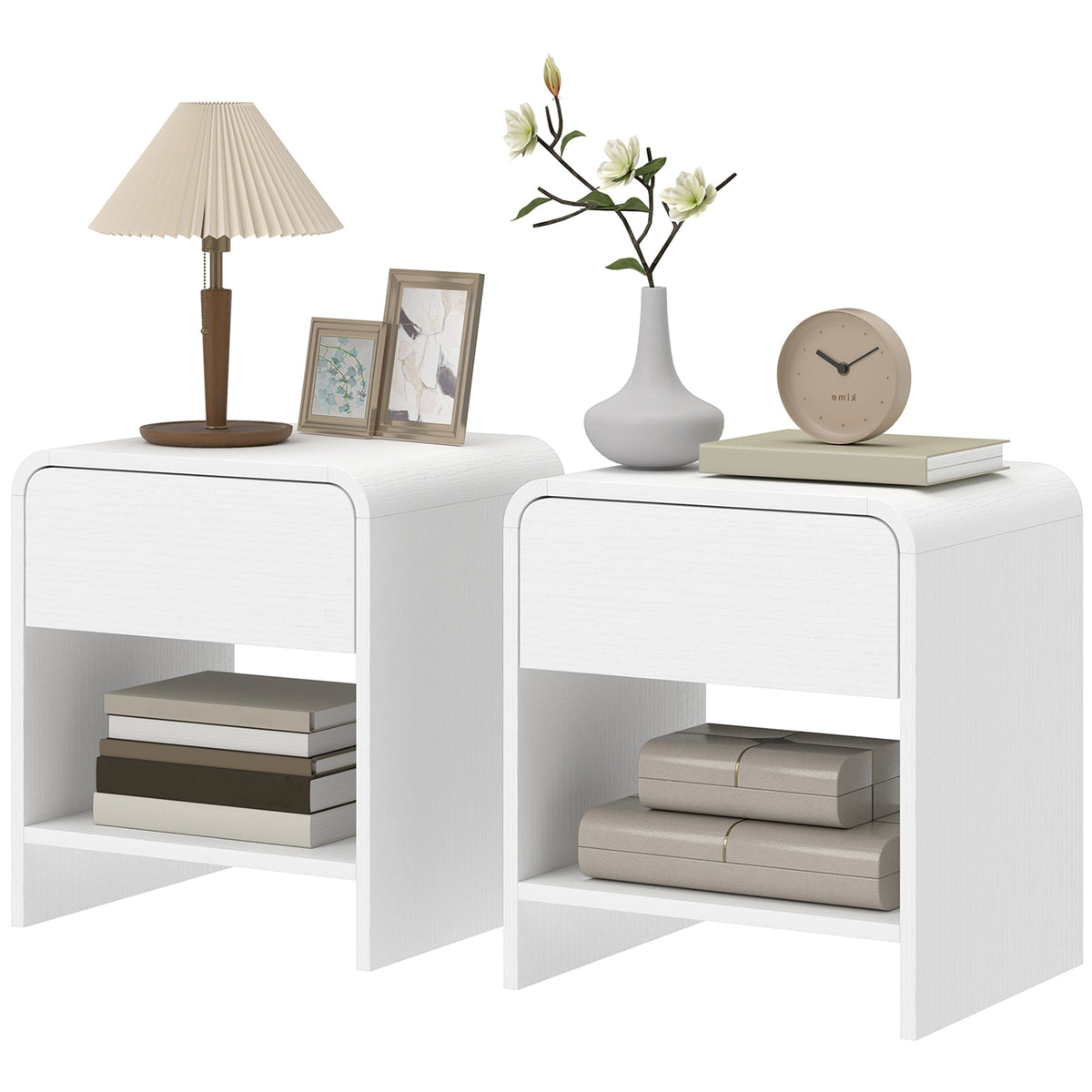 Nightstand Set of 2, Modern Bedside Table with Rounded Corners, Nightstand with Drawer and Open Shelf, Natural Wood