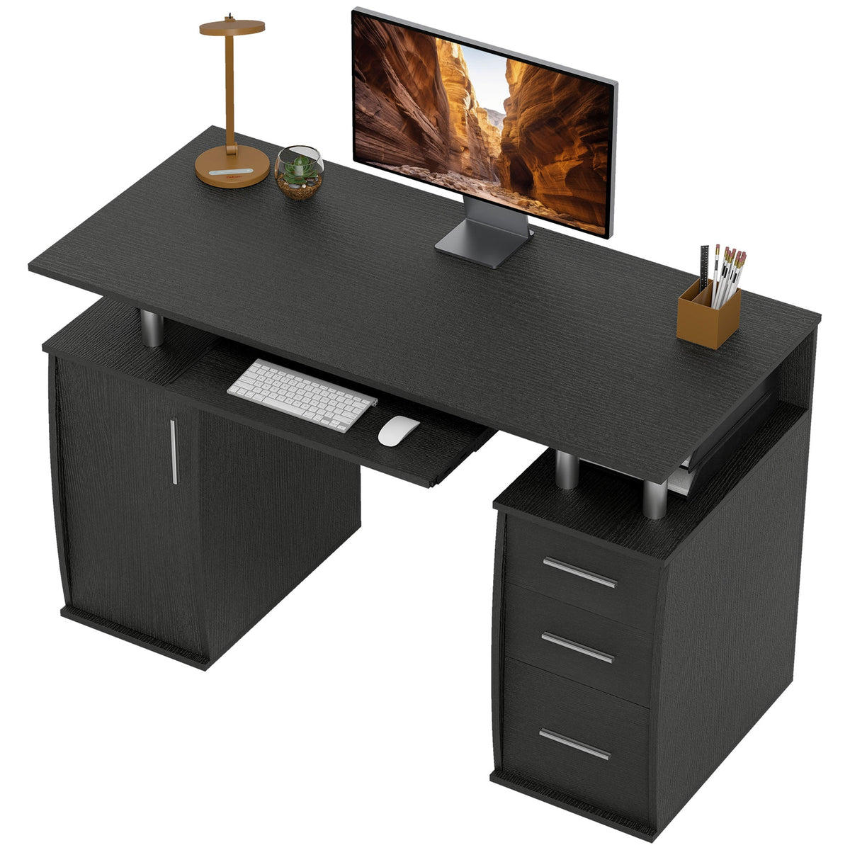47" Computer Desk with Keyboard Tray and Storage Drawers, Home Office Workstation Table with Storage Shelves, Black