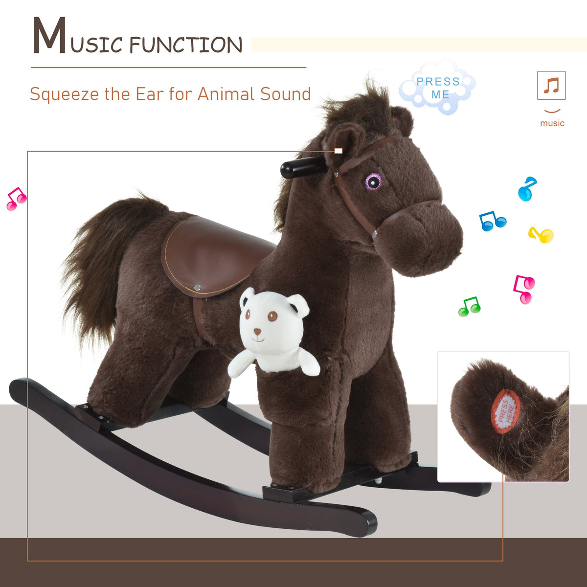 Kids Rocking Horse Plush Animal on Wooden Rockers with Sounds, Wooden Base and Bear Toy, Baby Rocking Chair, Brown