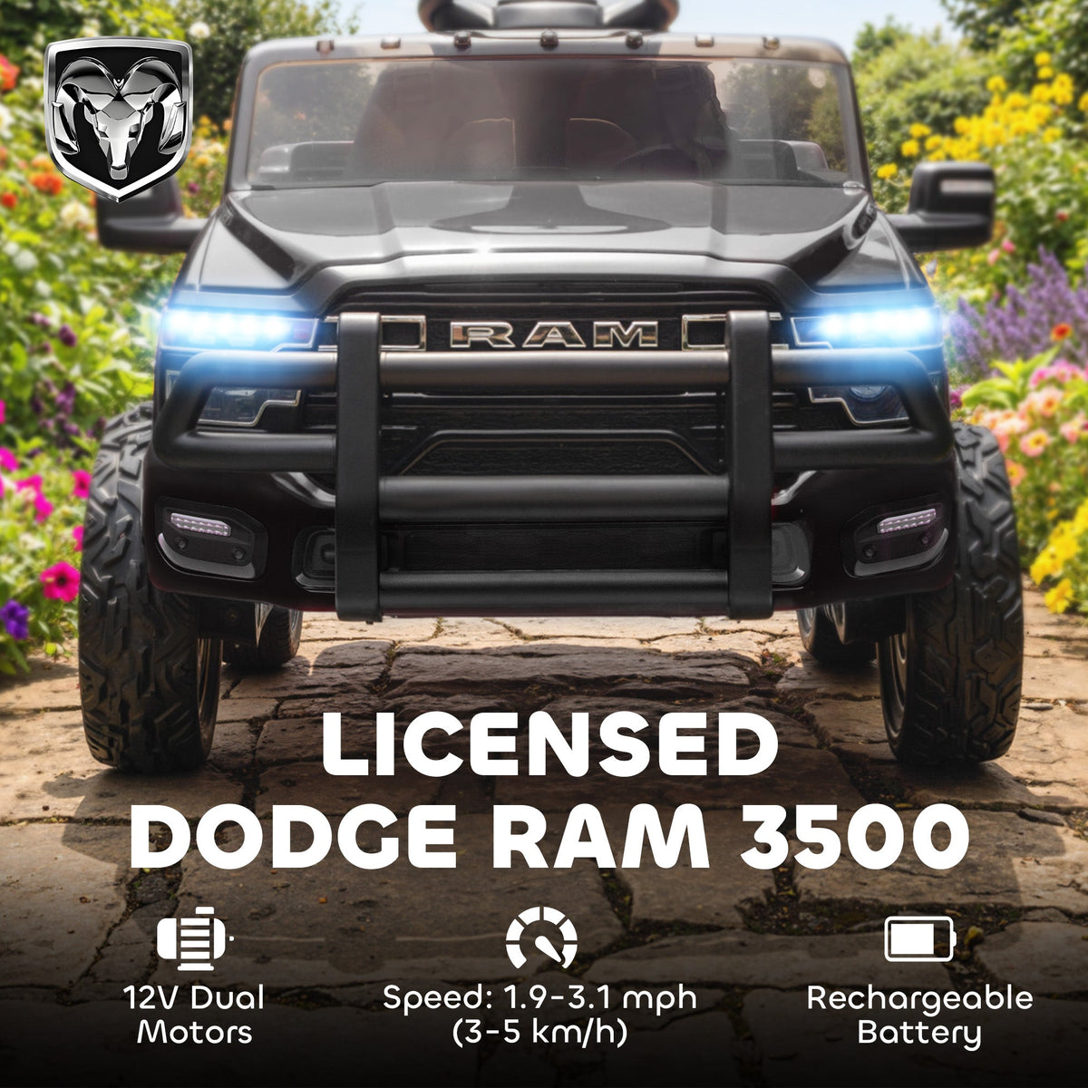 12V Ride on Car, Licensed Dodge RAM 3500 Electric Vehicle with Remote Control, Suspension for 3-5 Years, Black