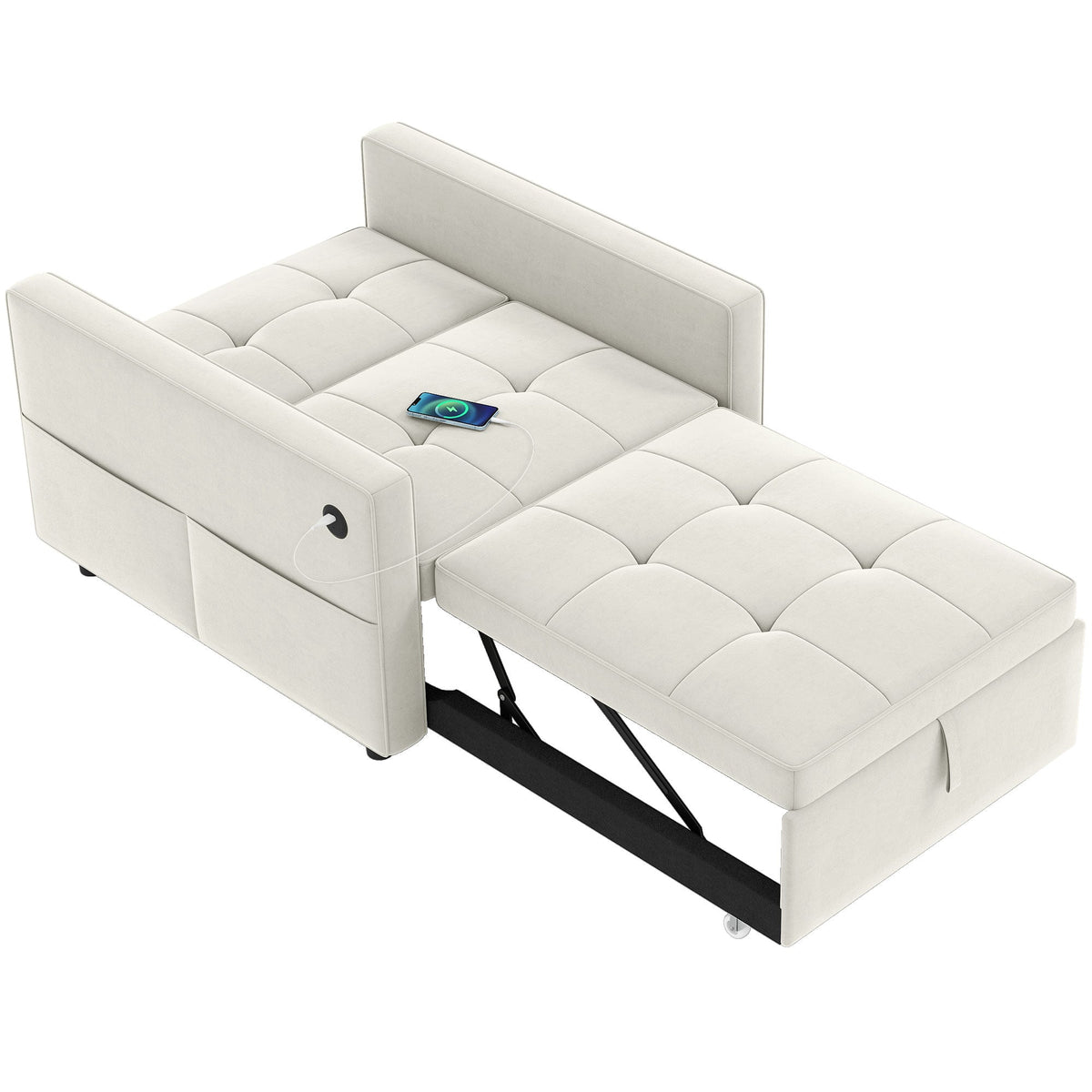 Convertible Chair Bed, Pull Out Sleeper Chair with USB, Adjustable Backrest, Small Velvet Futon Sofa Bed, Cream White