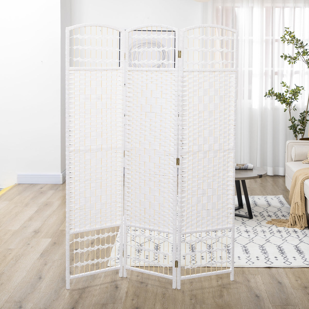 4 Panel Folding Room Divider, Portable Privacy Screen, Wave Fiber Room Partition for Home Office, Black
