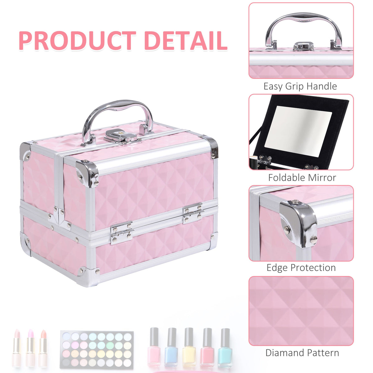 3 Tier Diamond Texture Makeup Train Case Cosmetic Organizer with Mirror, Black