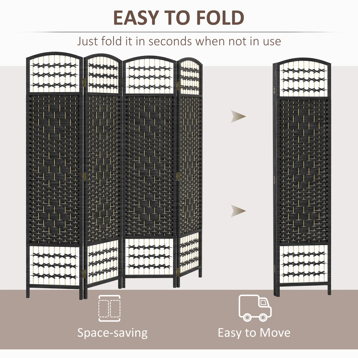 4 Panel Folding Room Divider, Portable Privacy Screen, Wave Fiber Room Partition for Home Office, Black