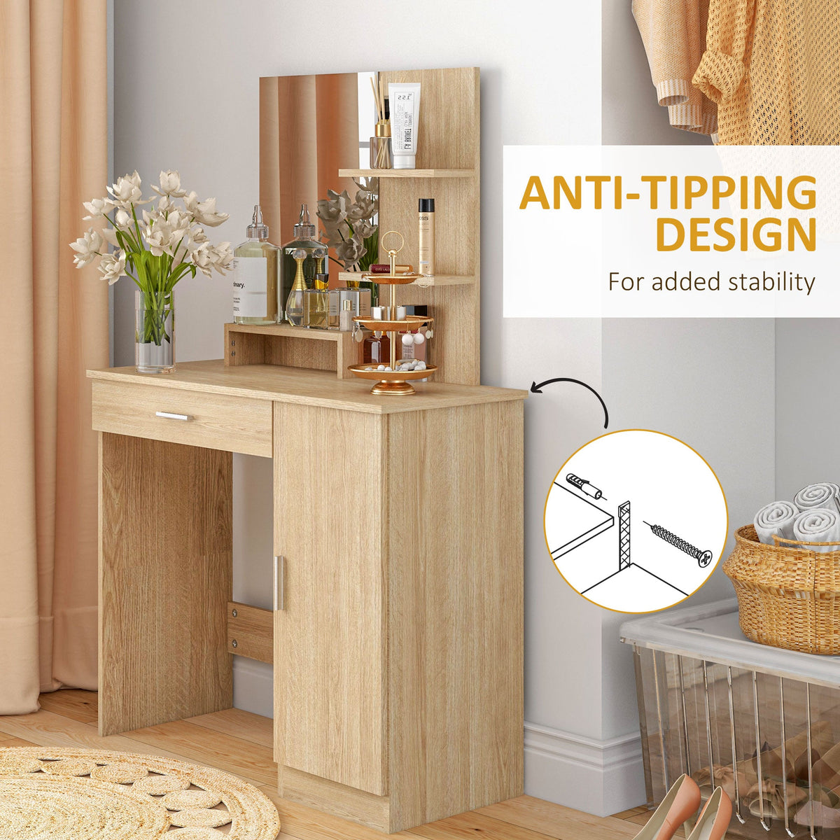 Vanity Desk with Mirror, Makeup Vanity w/ Drawer, Open Compartment and Shelves, Cabinet, Adjustable Shelves for Bedroom