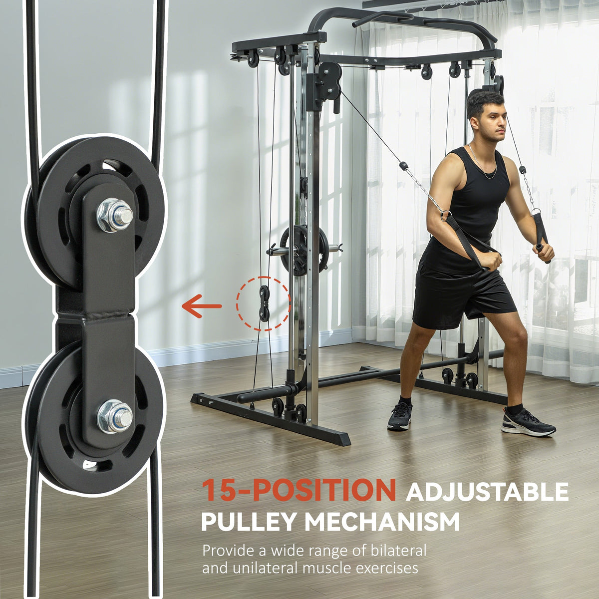 3 In 1 Smith Machine Power Rack with Cable Crossover System, Pull up Station, 16-Level Squat Rack and Barbell Bar