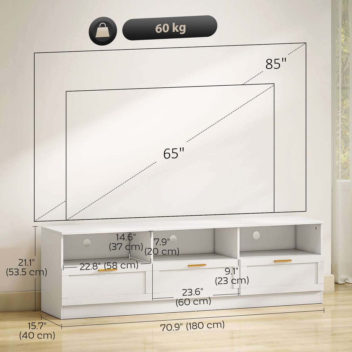Dallas Modern TV Stand with Storage Drawers for TVs up to 85"-White