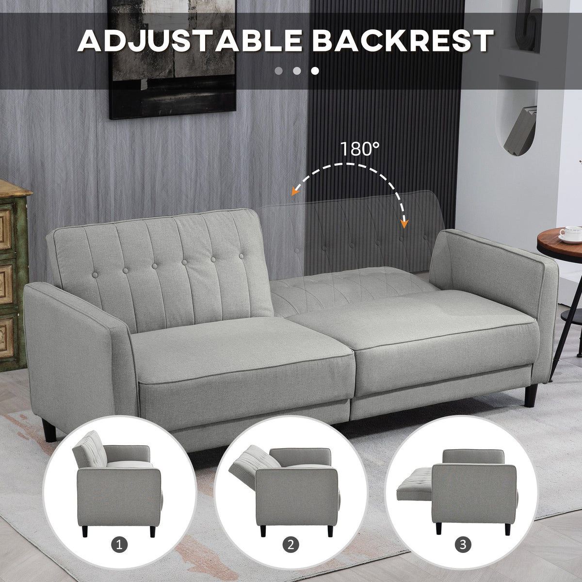 Convertible Bed with Couch, Button Tufted Fabric Sofa Bed with Adjustable Back for Living Room, Charcoal Grey