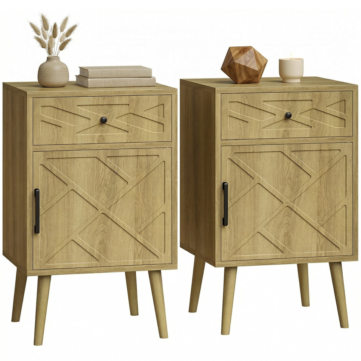Nightstand Set of 2, Bedside Table Set with Drawer and Cabinet, Side End Table with Storage for Living Room, Oak