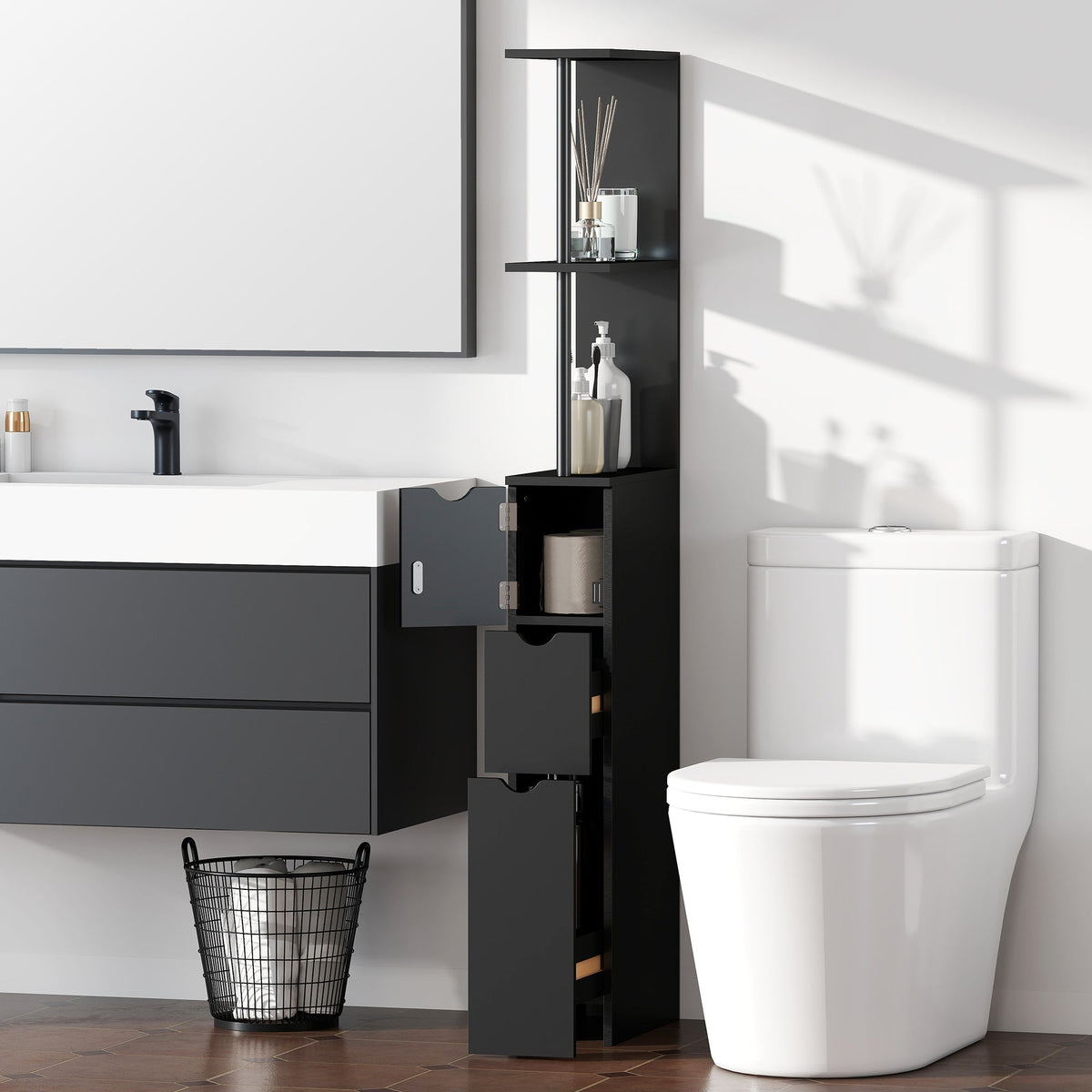 Tall Bathroom Storage Cabinet, Narrow Bathroom Cabinet with Drawers and Open Shelves for Small Spaces, White and Grey