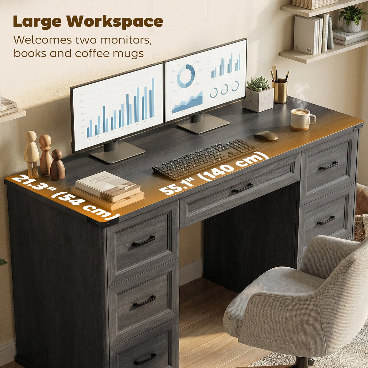 55" Computer Desk with 7 Drawers, Farmhouse Executive Desk for Home Office, Study, Bedroom, Black Wood Grain