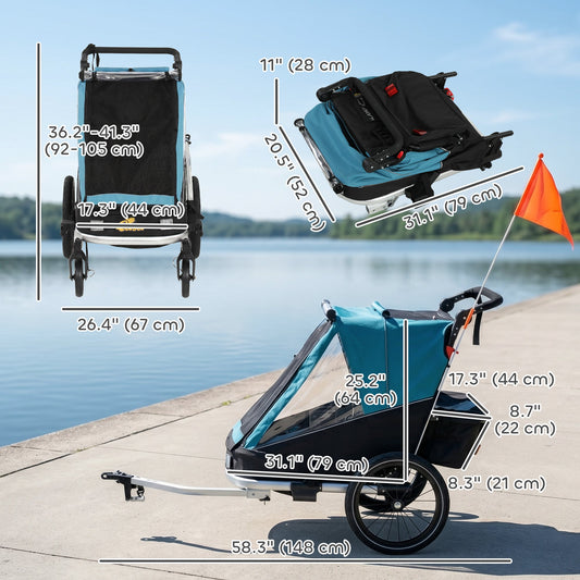 3-in-1 Bike Trailer for Kids, Baby Stroller and Jogger, Foldable Child Bicycle Trailer with Reclining Seat, Blue