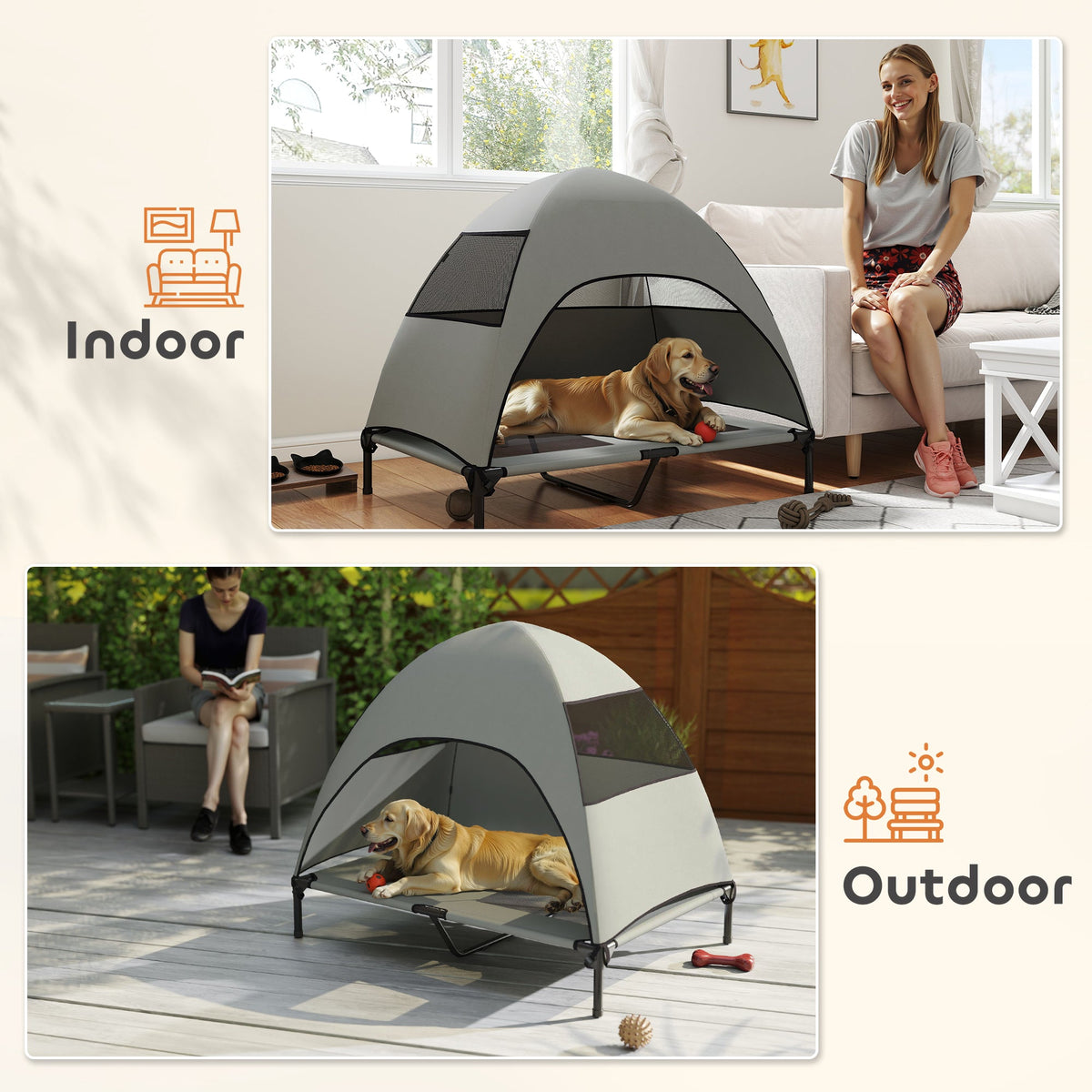 Elevated Dog Bed with Canopy Raised Dog Bed Washable Mesh Steel Frame 41.7" x 29.9" x 39" Coffee