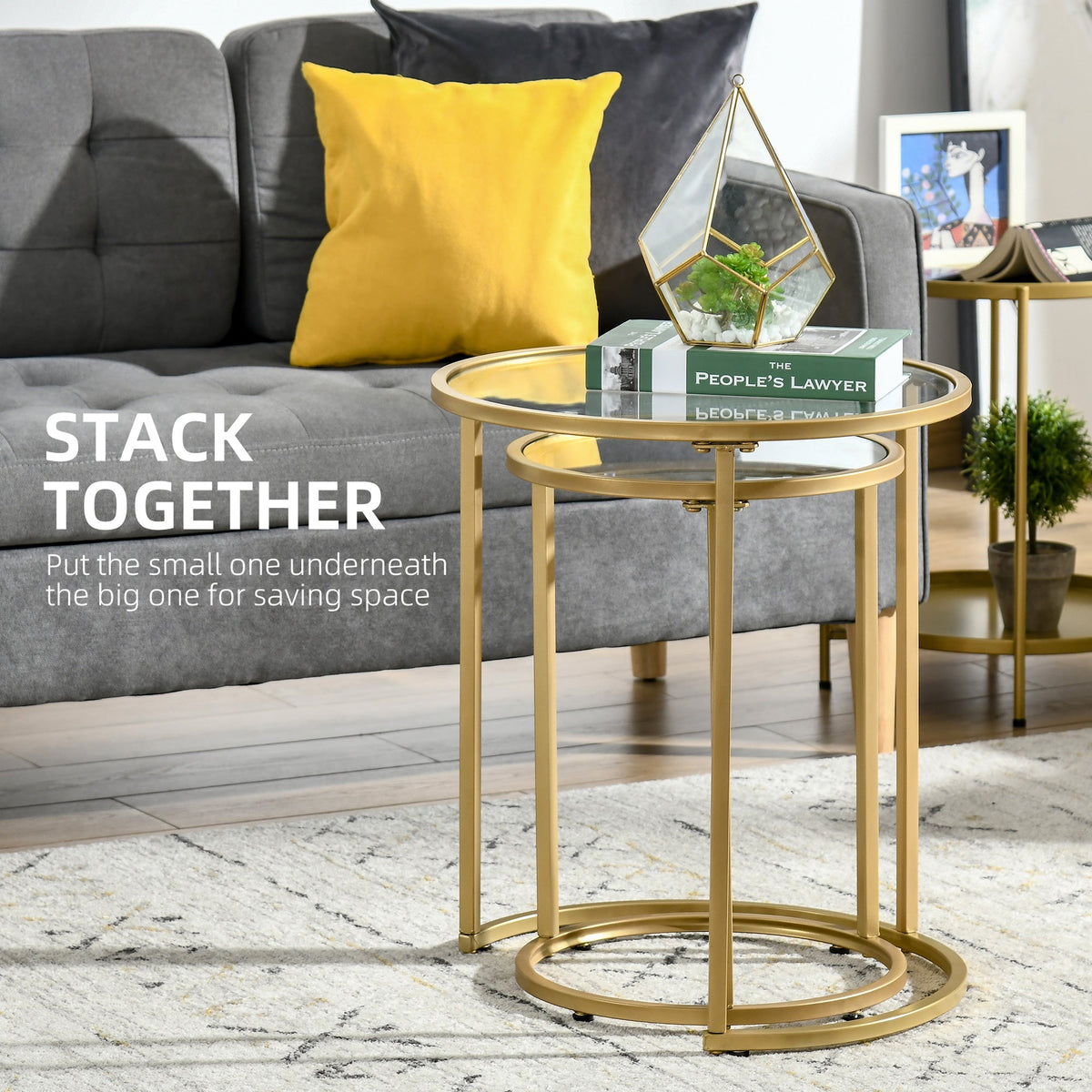 Set of 2 Nesting Coffee Tables with Metal Base, Round Side Table with Tempered Glass Tabletop for Living Room, Bedroom, Black