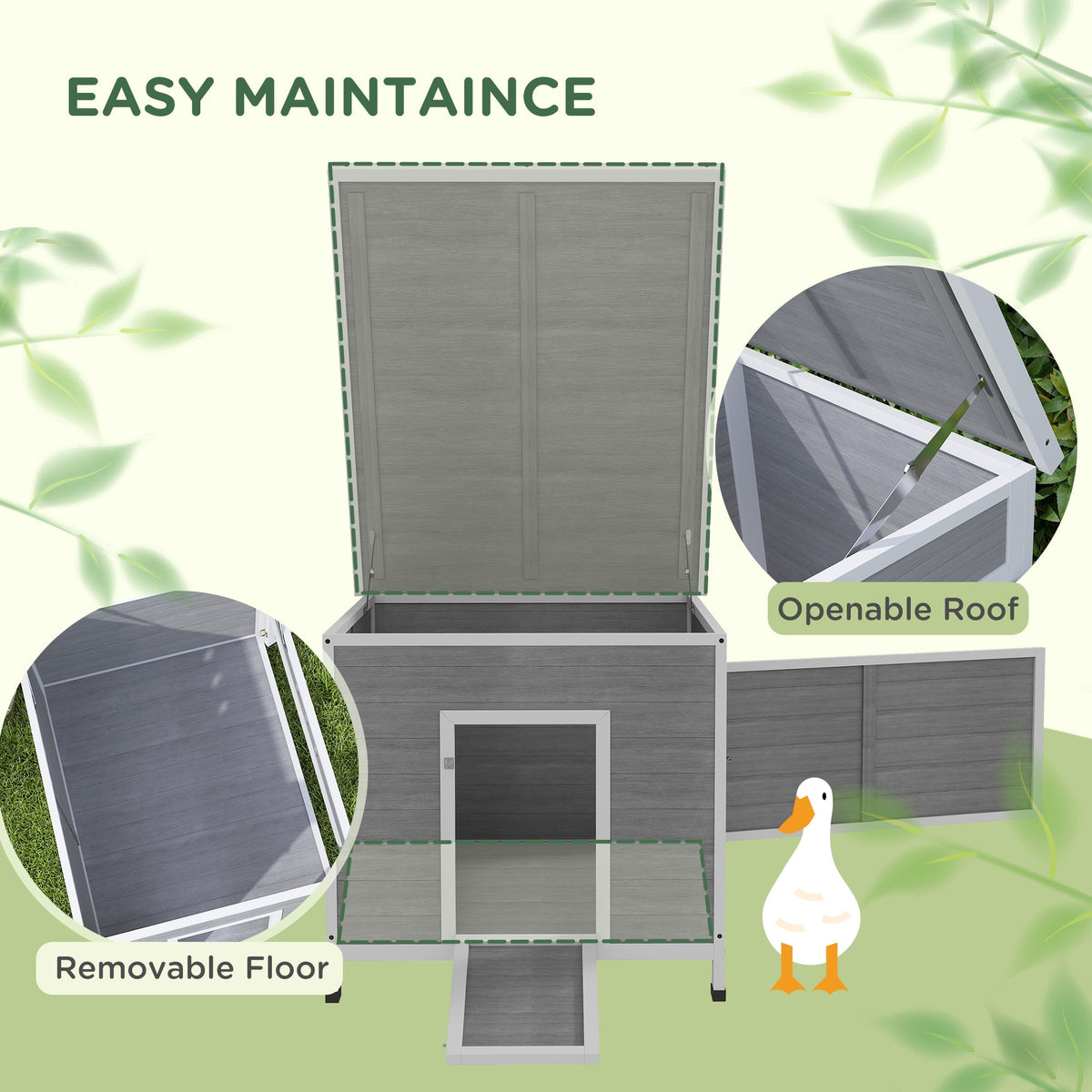 Duck Coop, Wooden Chicken House Rabbit Hutch with Openable Roof, Removable Floor, Double Doors, Ramp, Grey