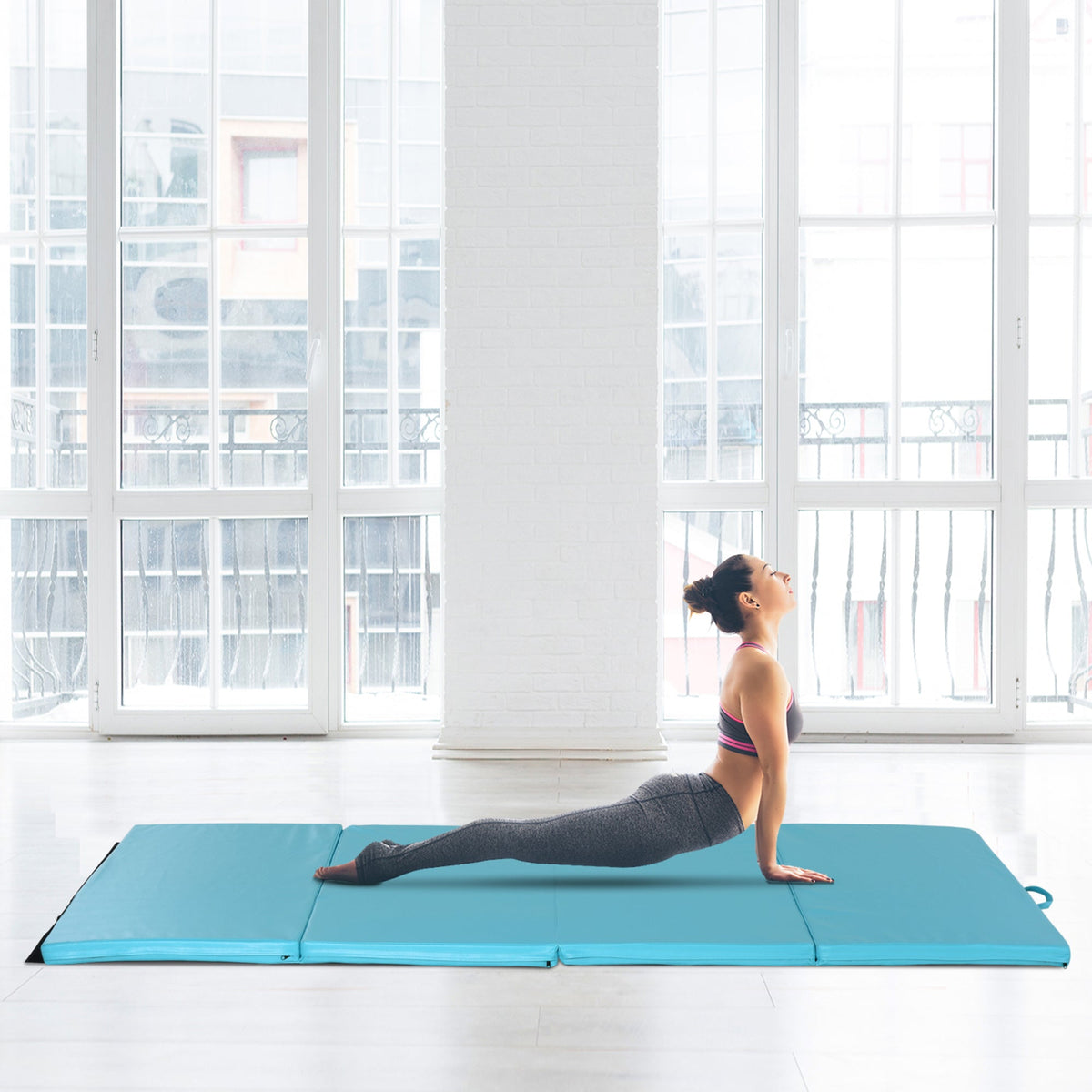 4'x8'x2" Folding Gymnastics Tumbling Mat, Exercise Mat with Carrying Handles for Yoga, MMA, Martial Arts, Stretching, Core Workouts, Light Blue