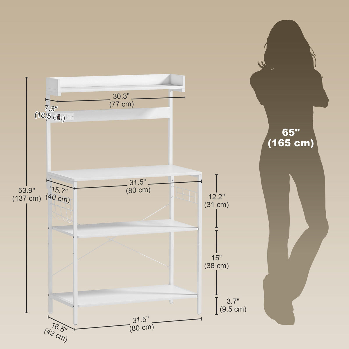 Kitchen Baker's Rack with Power Outlet, Coffee Bar Station with Adjustable Shelves and Hooks, Distressed Grey