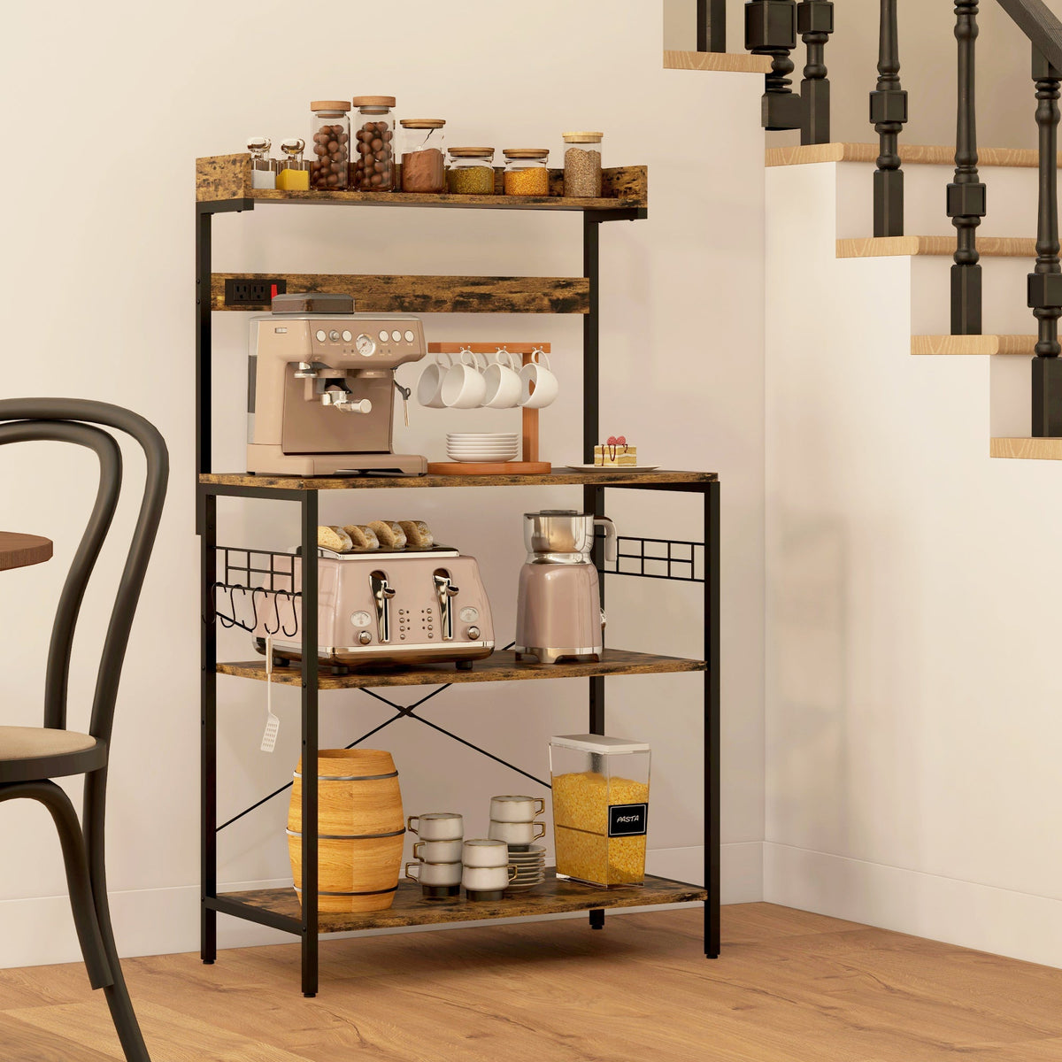Kitchen Baker's Rack with Power Outlet, Coffee Bar Station with Adjustable Shelves and Hooks, Distressed Grey