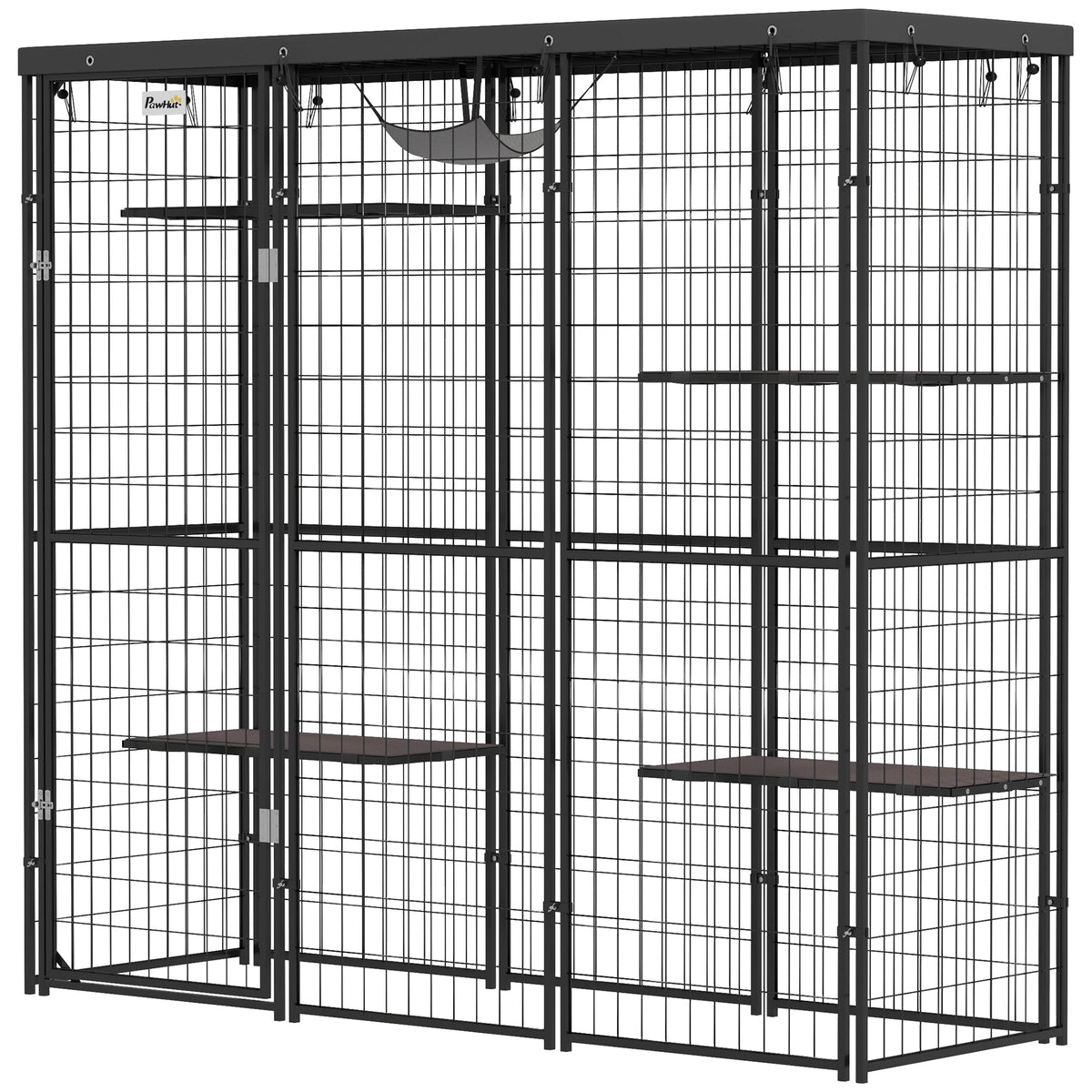 Weld Wire Catio Outdoor Indoor with Waterproof Cover, 4 Jumping Platforms, Hammock, 69" x 22" x 62", Black
