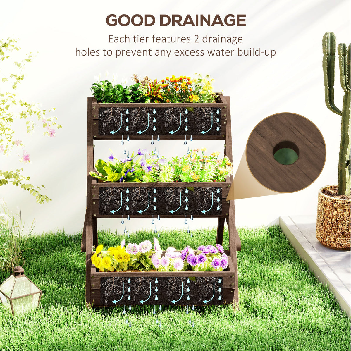 3 Tier Elevated Planter Box, Vertical Wooden Raised Garden Bed for Flowers, Vegetables, 26" x 30" x 30", Brown