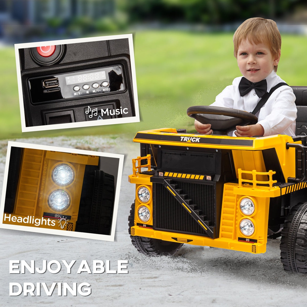 12V Kids Ride On Dump Truck Construction Vehicle w/ Electric Dump Bed, Shovel, Spring Suspension Wheels