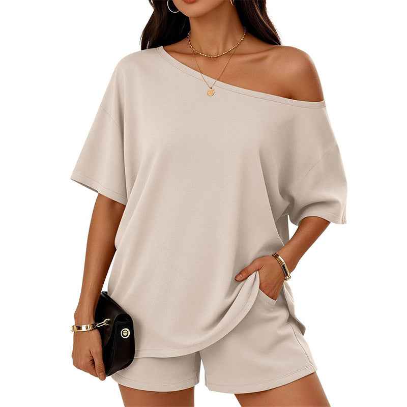 Womens 2-piece Fashionable Casual Set Slant-Neck Top And Shorts For Loungewear Daily Wear Work Gym Outfit