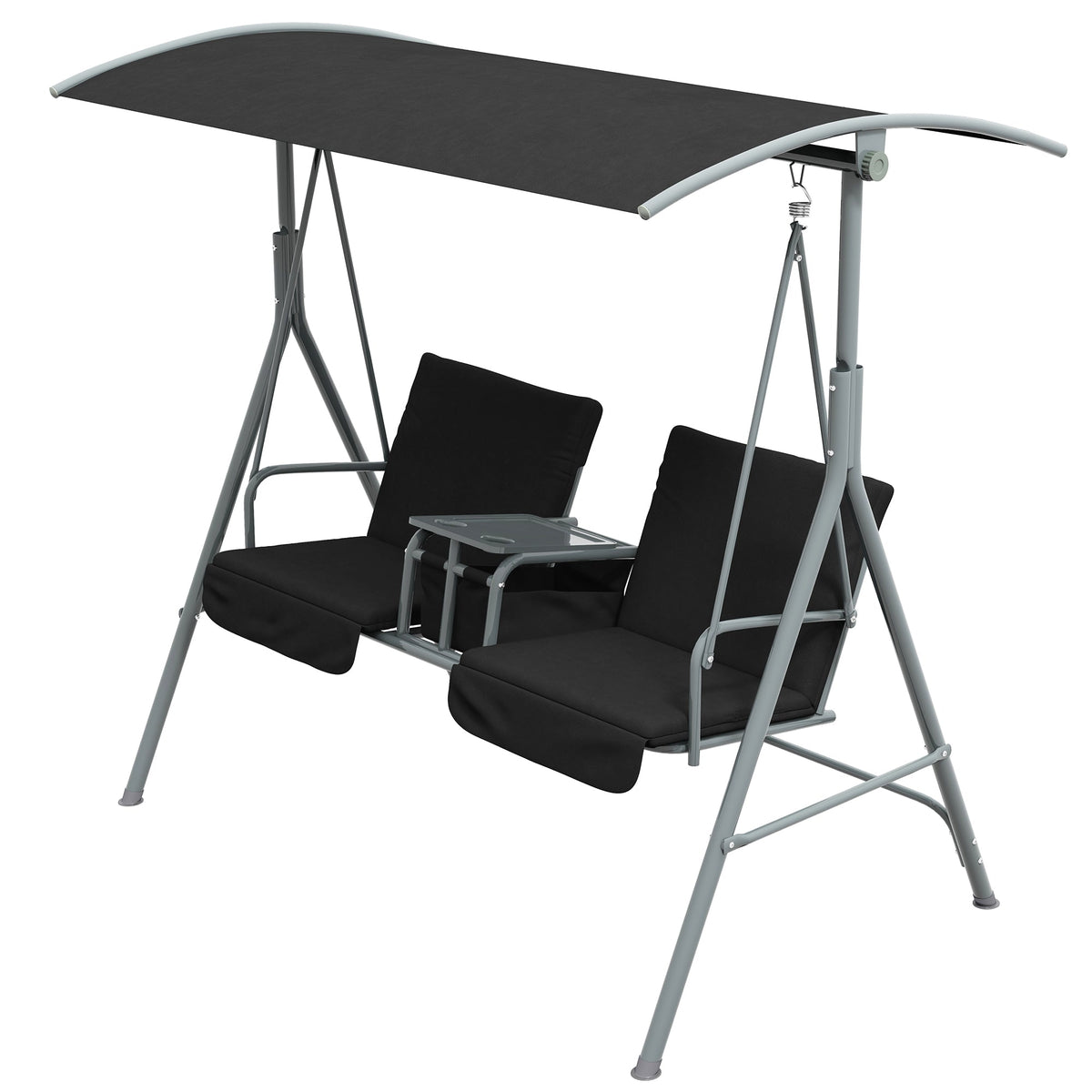 2-Seater Outdoor Porch Swing with Adjustable Canopy and Table, Patio Swing Chair for Garden, Poolside, Backyard, Black