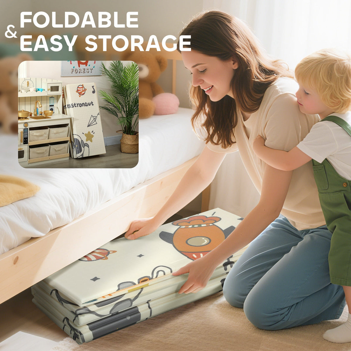 Foldable Baby Plat Mat, 77" x 69" Kids Floor Mat for Crawling and Learning, Astronaut & Planet Theme
