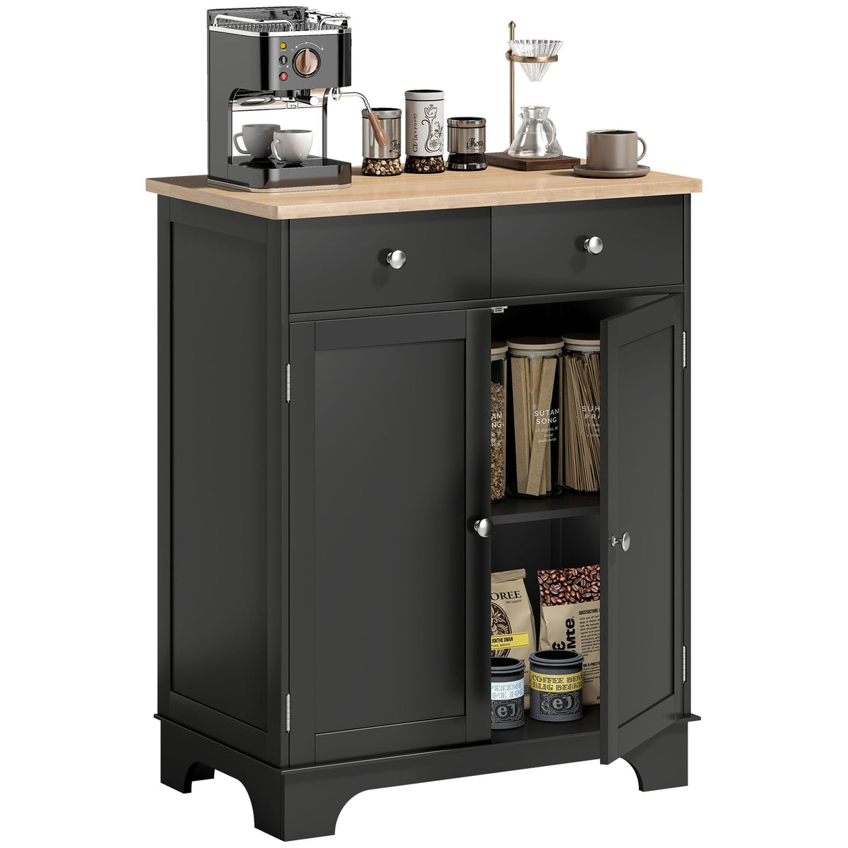 Sideboard Buffet Cabinet with Storage, 27" Kitchen Cabinet with Adjustable Shelf, 2 Drawers and 2 Doors, Coffee Bar Cabinet with Rubberwood Tabletop, White