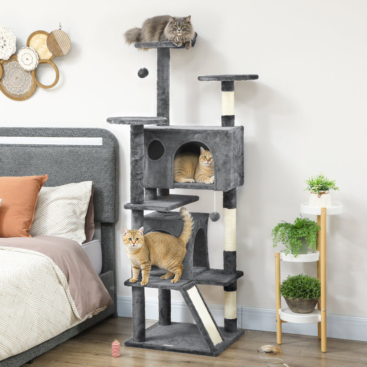 54" Cat Tree, Multi-Level Cat Tower with Scratching Posts, Cat Condos, Bed, Platforms, Ramp, Toy Ball, Beige