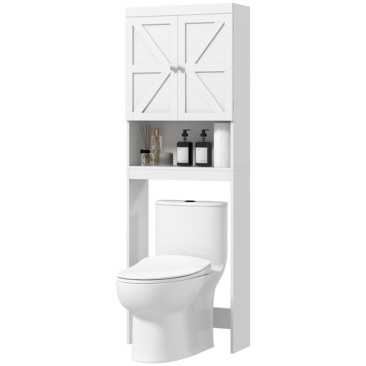 Over The Toilet Cabinet, Modern Bathroom Above Toilet Storage with Barn Doors and Open Shelf, Black