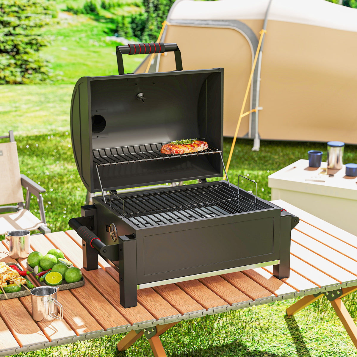 Tabletop Charcoal Smoker, Portable BBQ with Ash Catcher and Thermometer for Backyard, Camping, Picnic, Black