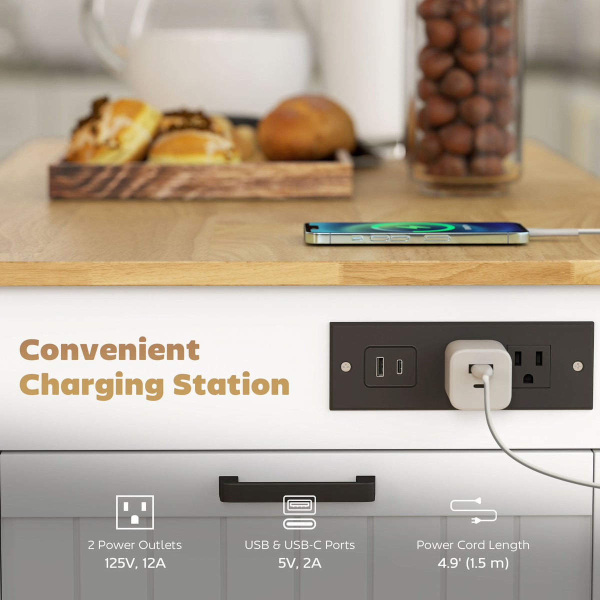 Kitchen Island Cart, Portable Kitchen Island Table with Charging Station, Rubber Wood Drop Leaf, Trash Storage, Black