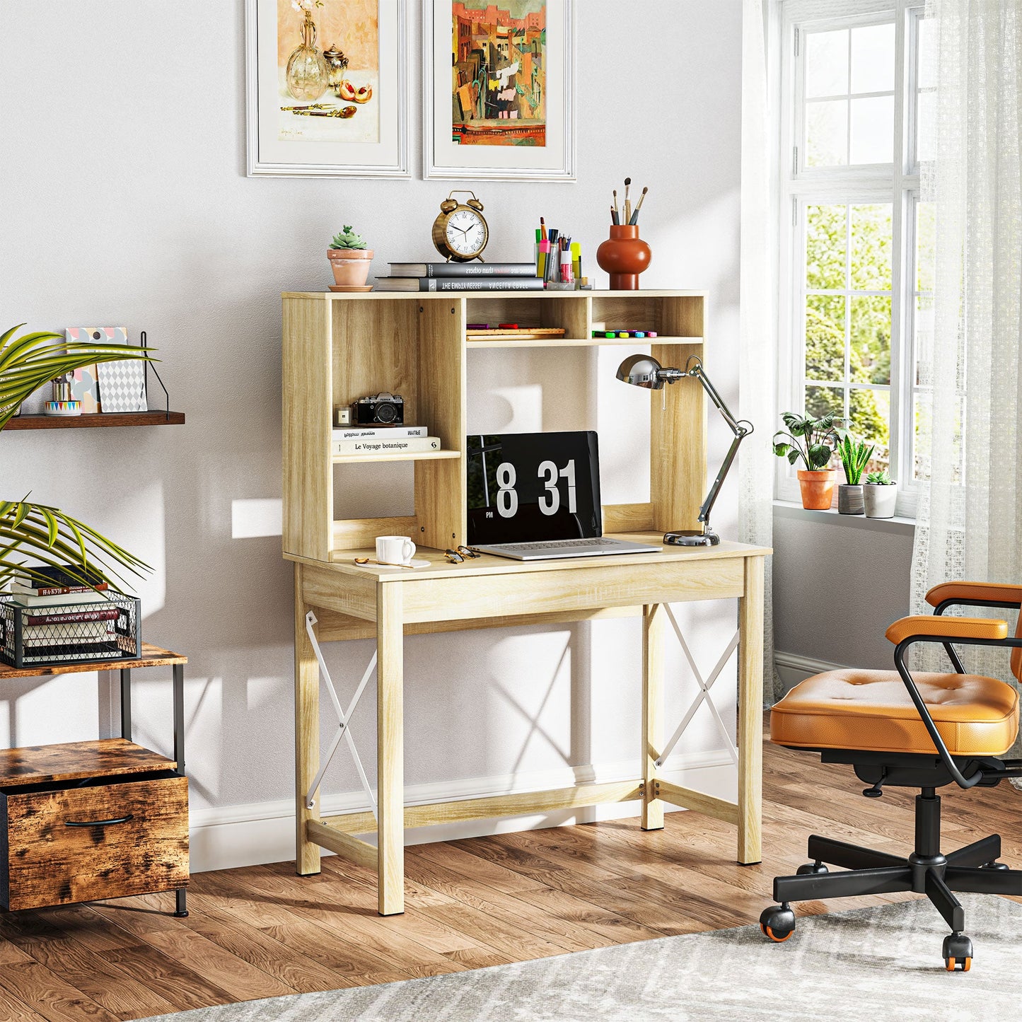 Sloan Computer Desk with Hutch and Storage Shelves-Oak