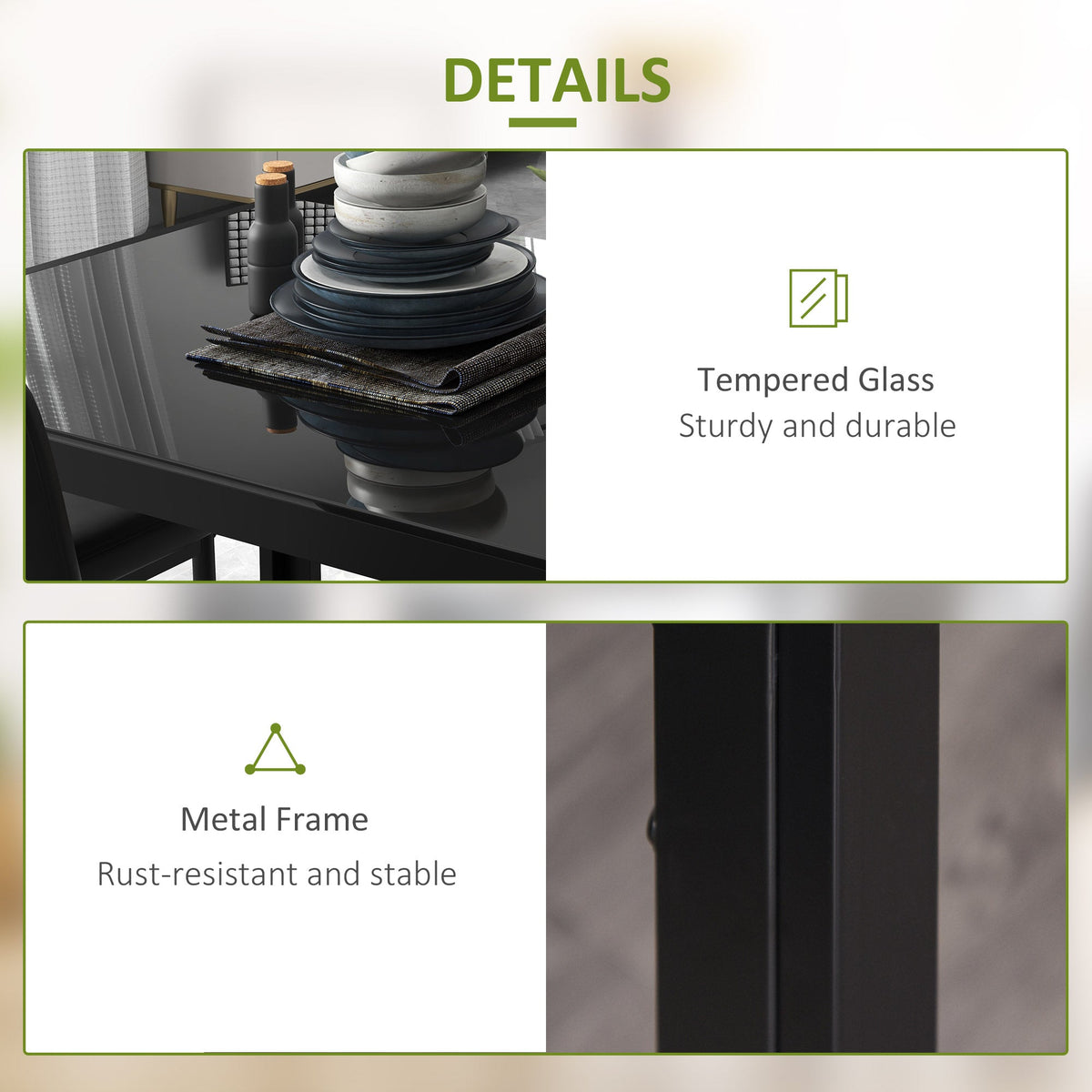 5-Piece Rectangular Glass Kitchen Table and Chairs with Metal Frame and Faux Leather Upholstery for Dining Room, Black