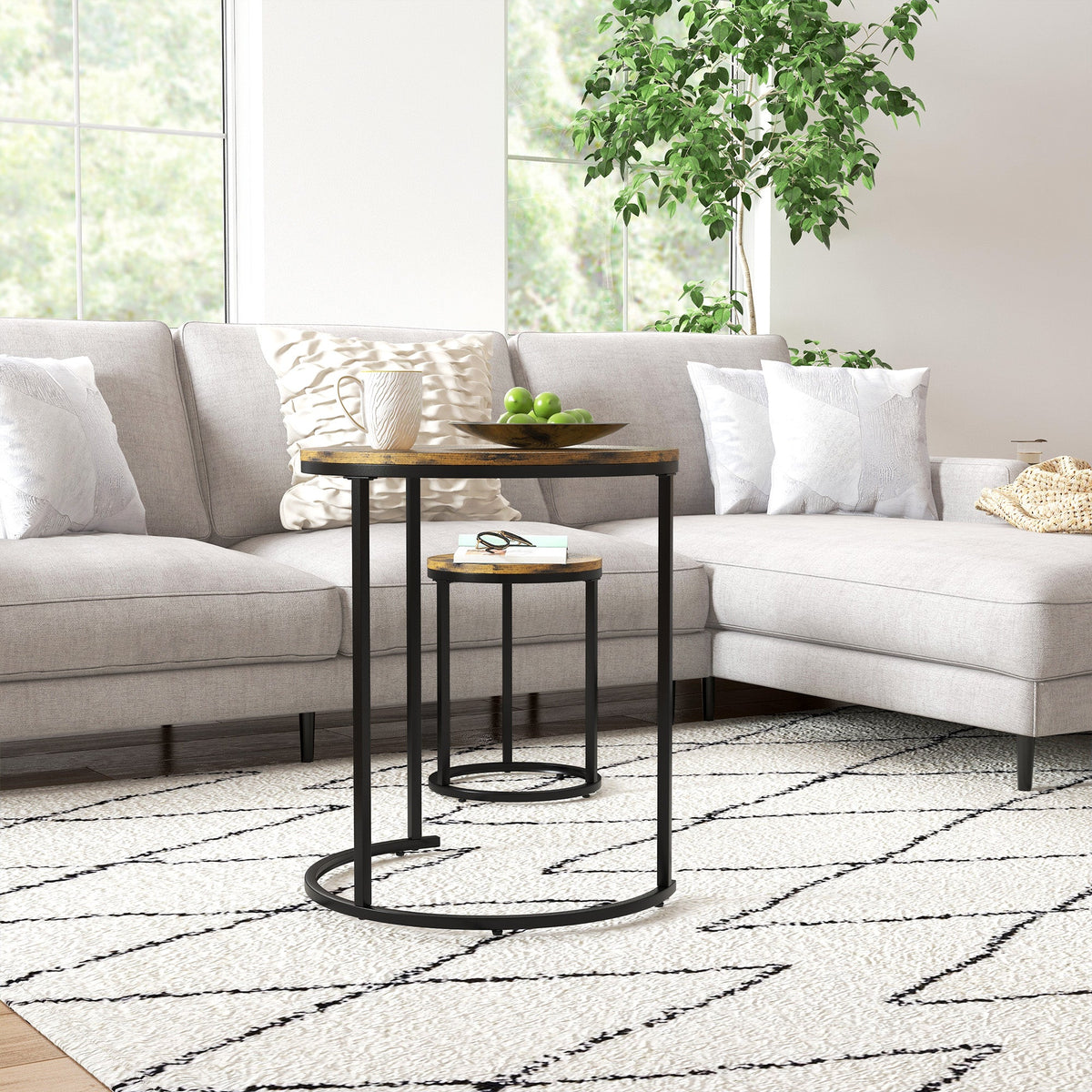 Nesting Tables Set of 3, Round Coffee Table, Stacking Side Tables with Steel Frame for Living Room