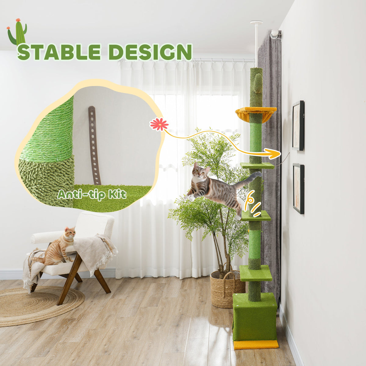 Floor to Ceiling Cat TreeTower with 90.5"-108" Adjustable Height, Scratching Posts, Hammock, Condo, Toy Ball, Dark Grey