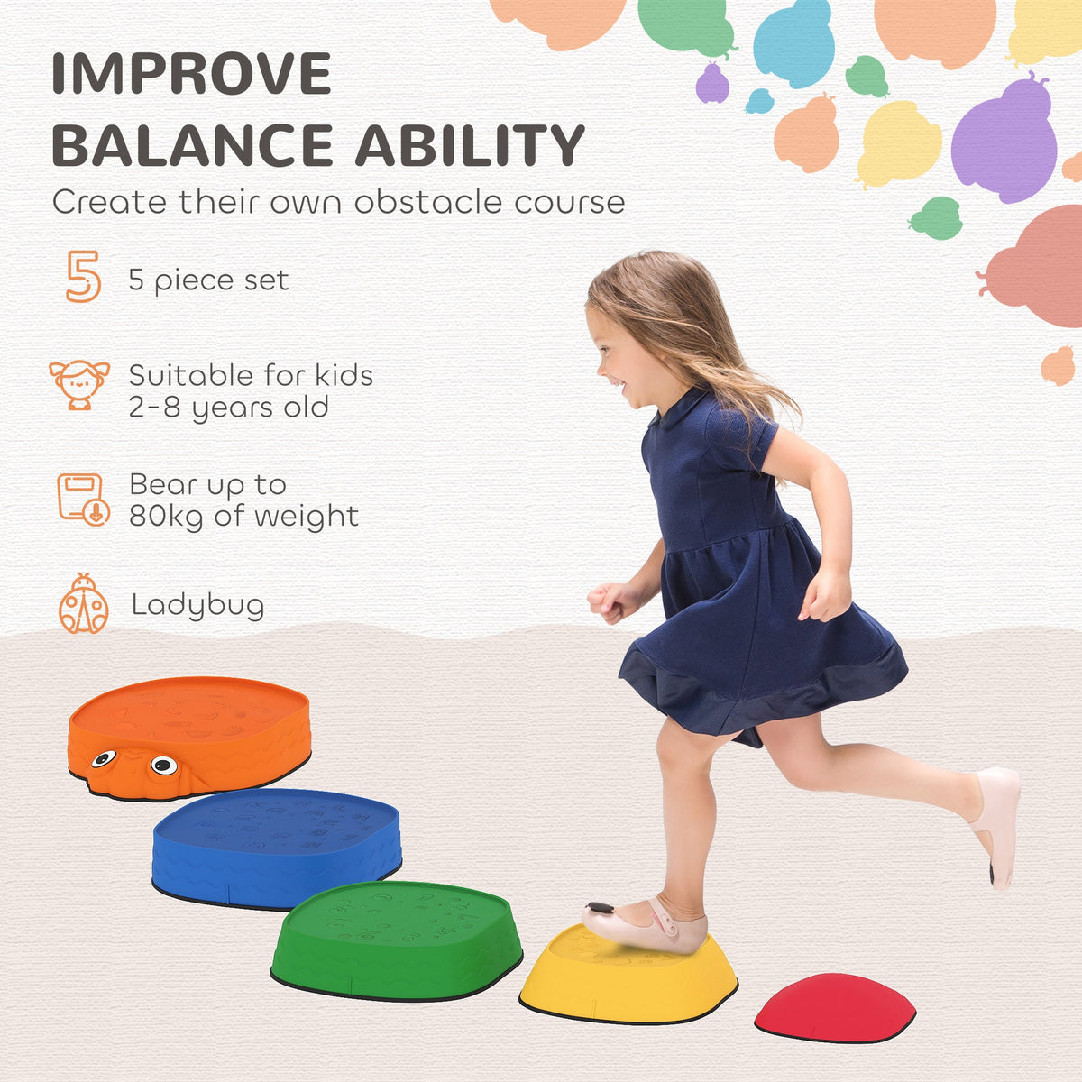 Ladybug Balance Stepping Stones for Promoting Balance Coordination and Strength, Outdoor & Indoor Obstacle Course